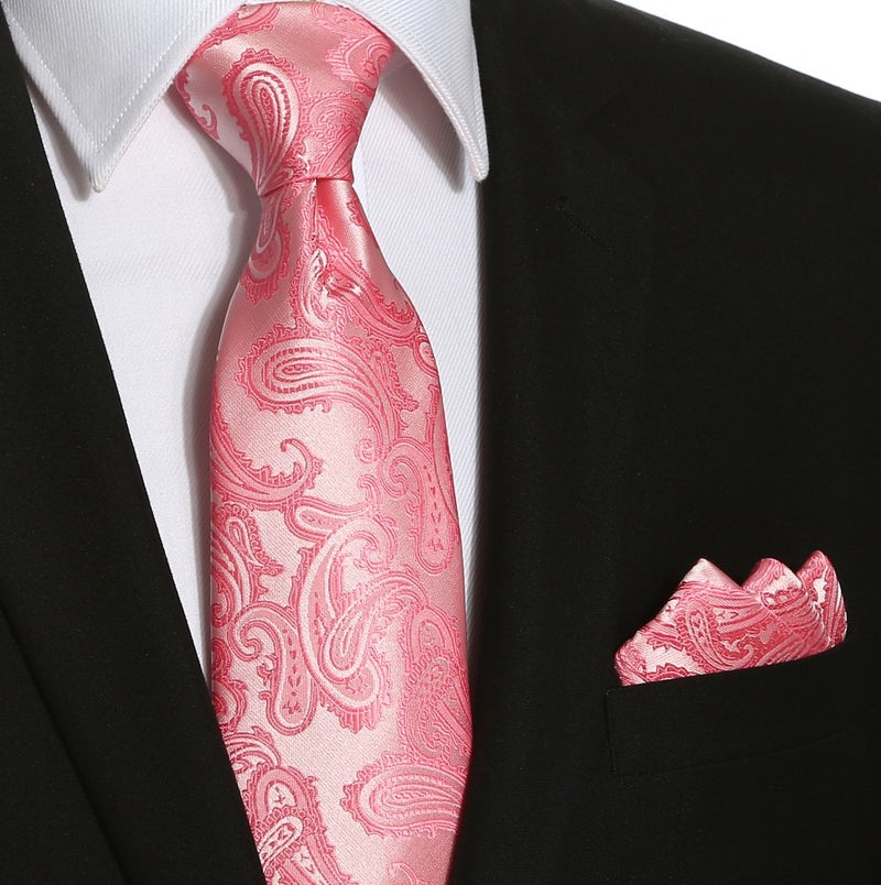 KissTies Mens Extra Long Tie Set: Rosy Pink Paisley Necktie + Hanky + Gift Box (63'' XL) - Image 2